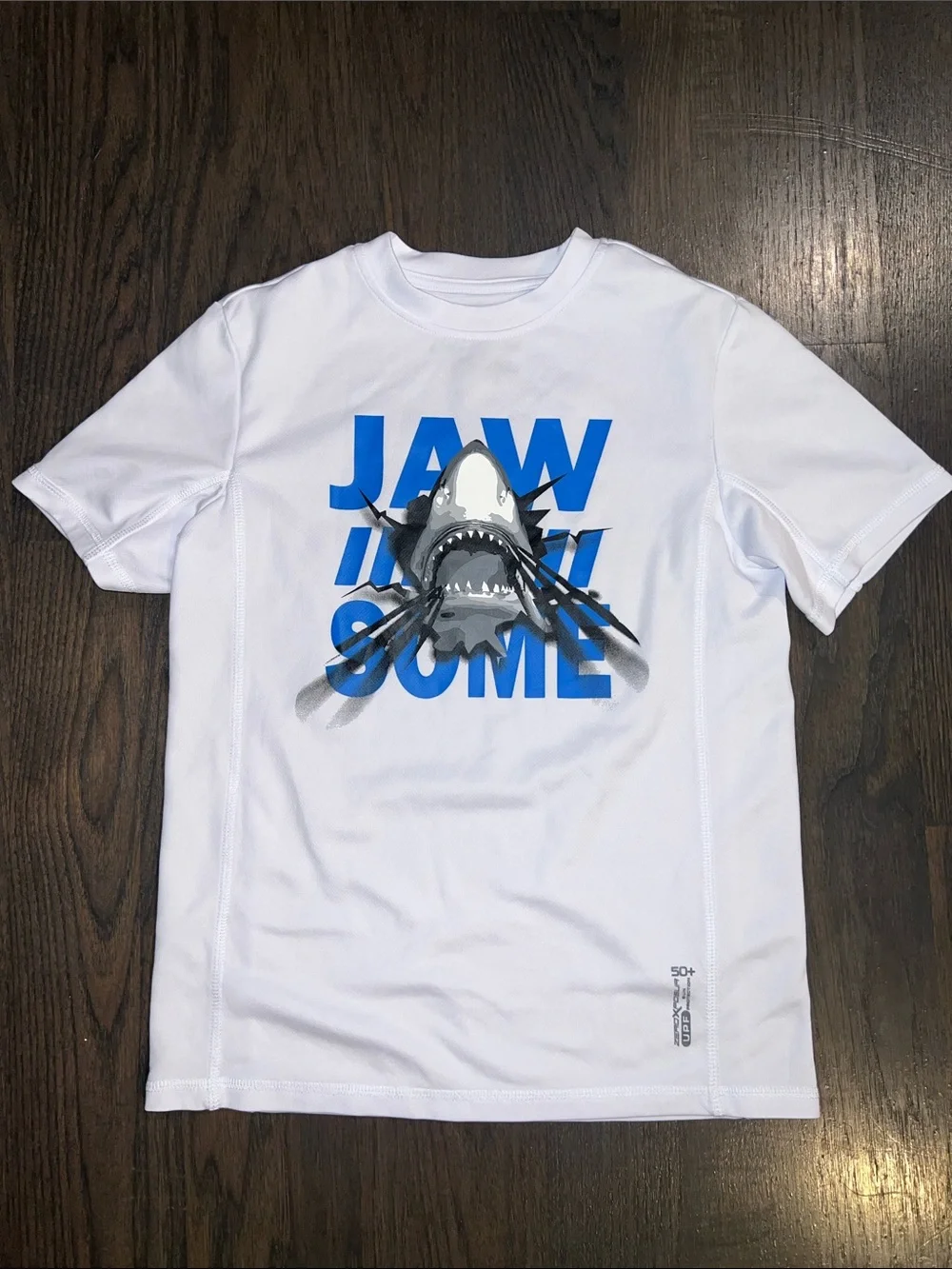 White 'Jaw-some' Shark Graphic Tee with Blue Swim Trunks Size 10-12